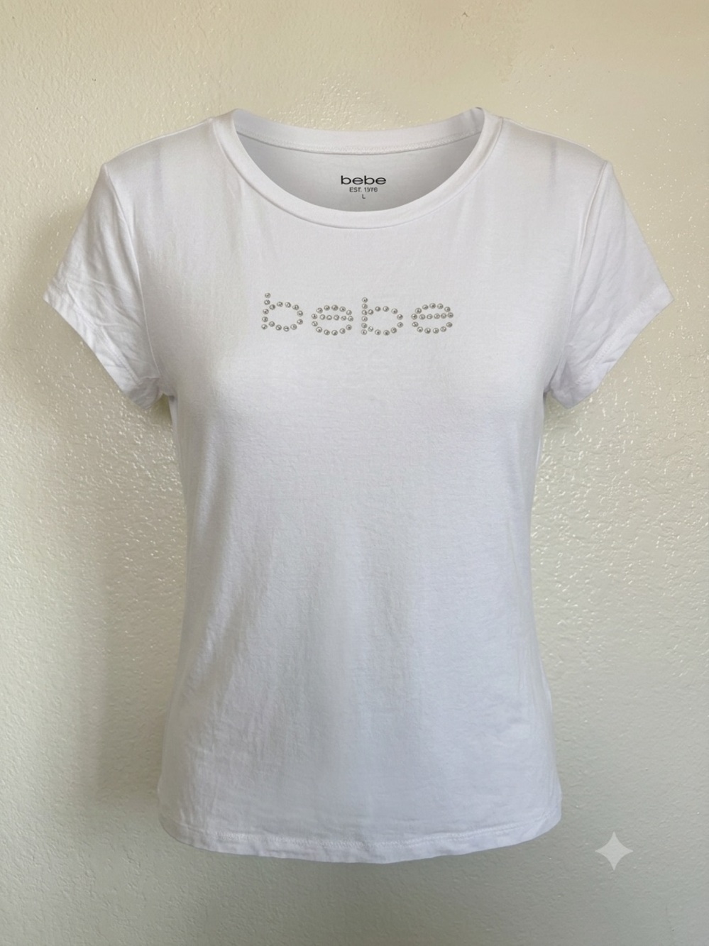 bebe White Crystal Logo Short Sleeve Tee
